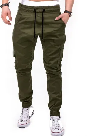 Men Casual Jogger Athletic Slim Fit Long Pant Hip Hop Chino Pocket Trousers Drawstring Outdoor Work Military Tactical Pants (Green,Large)