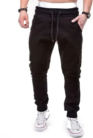 Men Slim Fit Casual Jogger Athletic Long Pant Hip Hop Chino Pocket Trousers Drawstring Outdoor Work Military Tactical Pants (Black,Large)