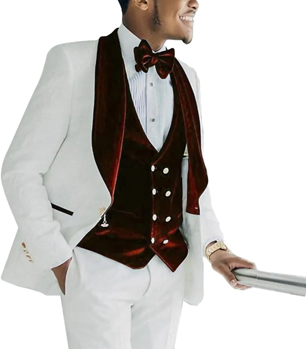 Men's 3 Piece Slim Fit Suits Jacquard Blazer Jacket Shawl Lapel Velvet Vest Classic White Pant Wedding Men Suit