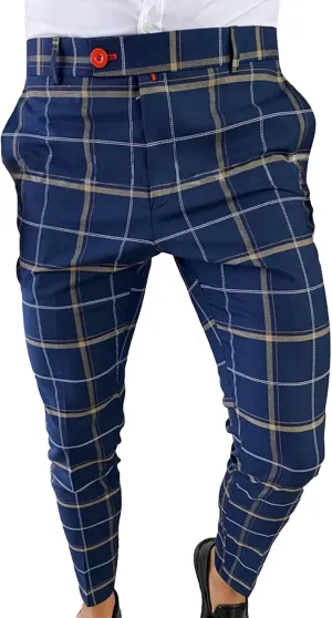 Men's Casual Plaid Chino Pants Skinny Fit Plaid Flat Front Dress Pants Slim Stretch Business Striped Trousers