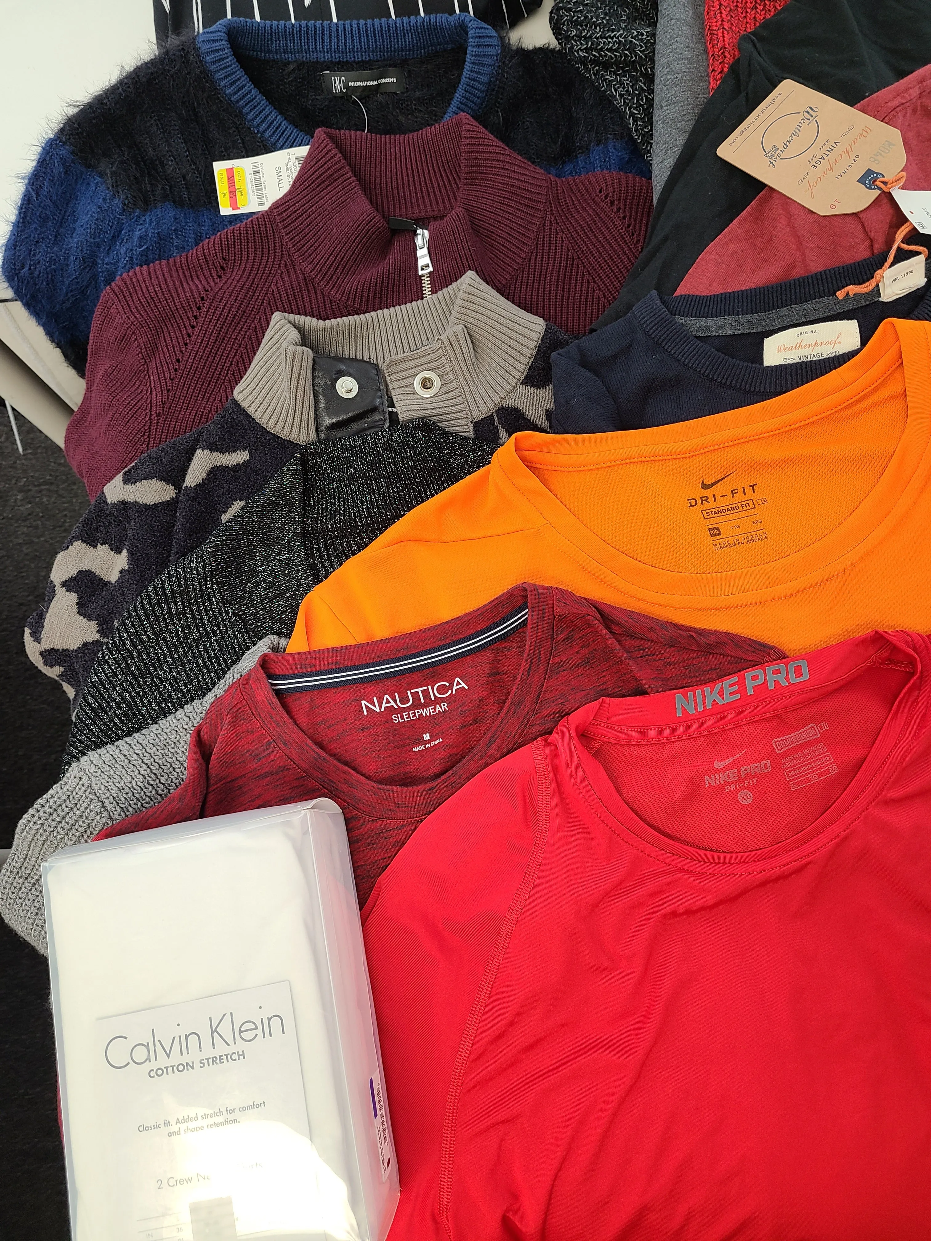 Men's Clothing Wholesale Lot Calvin Klein, Nike, Nautica, Tasso Elba, Weatherproof, American Apparel, Club Room, INC and more, 26 Units, Shelf Pulls, MSRP $1,534.40