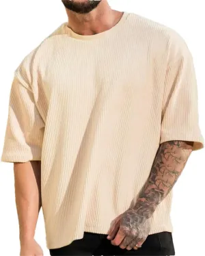 Men's Corduroy Loose T Shirt Summer Crewneck Cotton Running Loose Short Sleeve