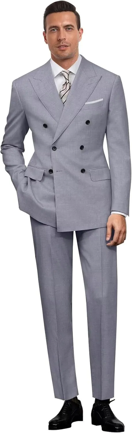 Mens Double Breasted Suit Slim Fit Solid Suit Jacket and Dress Pants 2 Piece Set Prom Wedding Suits for Men