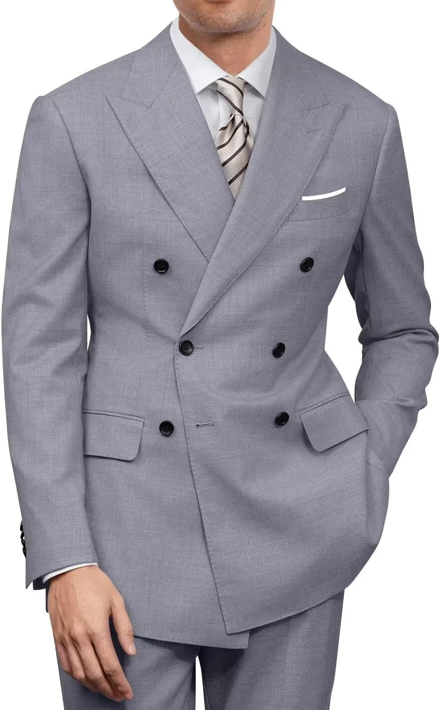 Mens Double Breasted Suit Slim Fit Solid Suit Jacket and Dress Pants 2 Piece Set Prom Wedding Suits for Men