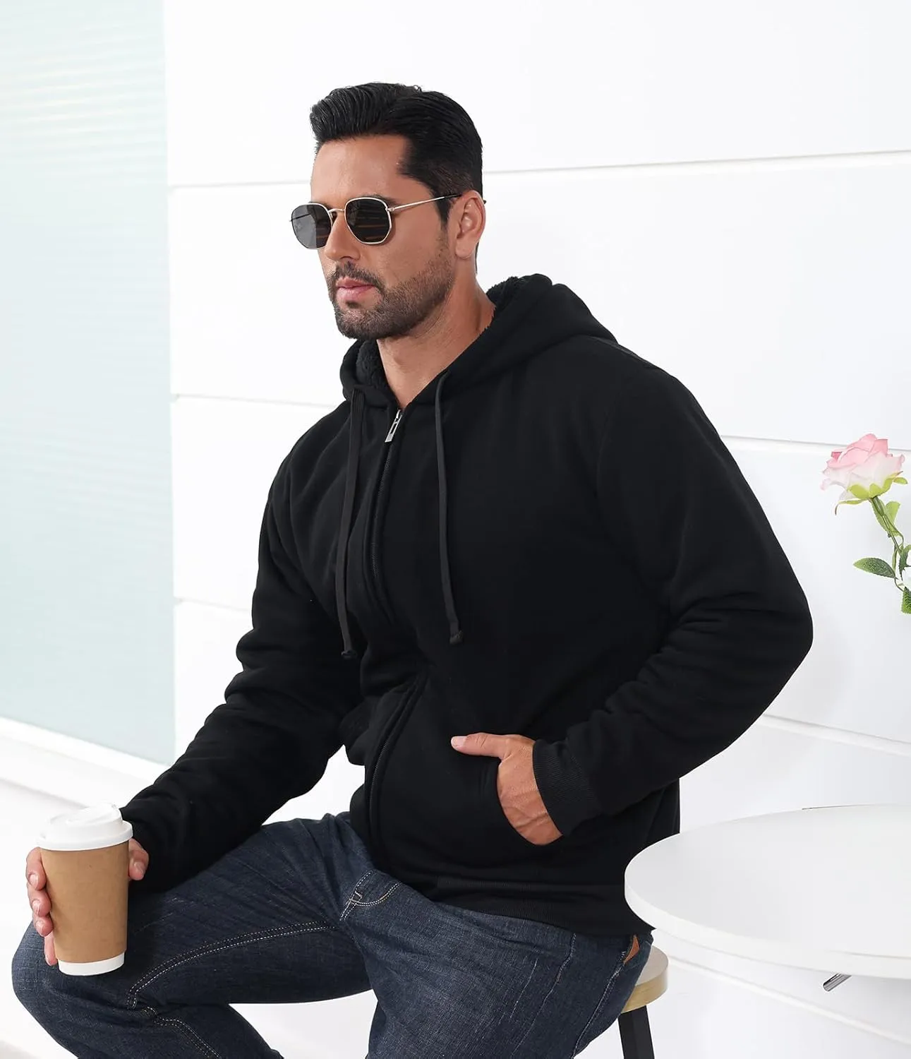 Men’s Full Zip Up Hoodies Sherpa Fleece Lined Hoodie Heavyweight Thick Flannel Jacket Heavy Duty Warm Winter Coat