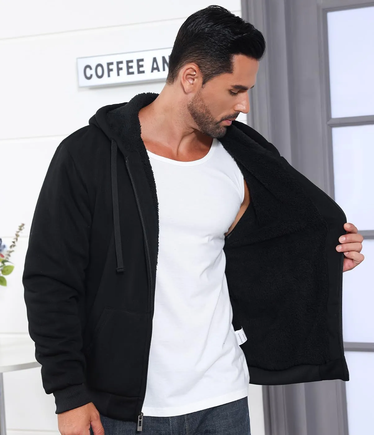 Men’s Full Zip Up Hoodies Sherpa Fleece Lined Hoodie Heavyweight Thick Flannel Jacket Heavy Duty Warm Winter Coat