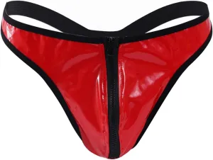 Men's PU Leather Shorts Zipper Front Bulge Pouch G-String Thong Briefs Panties Low Rise T-Back Sexy Underwear