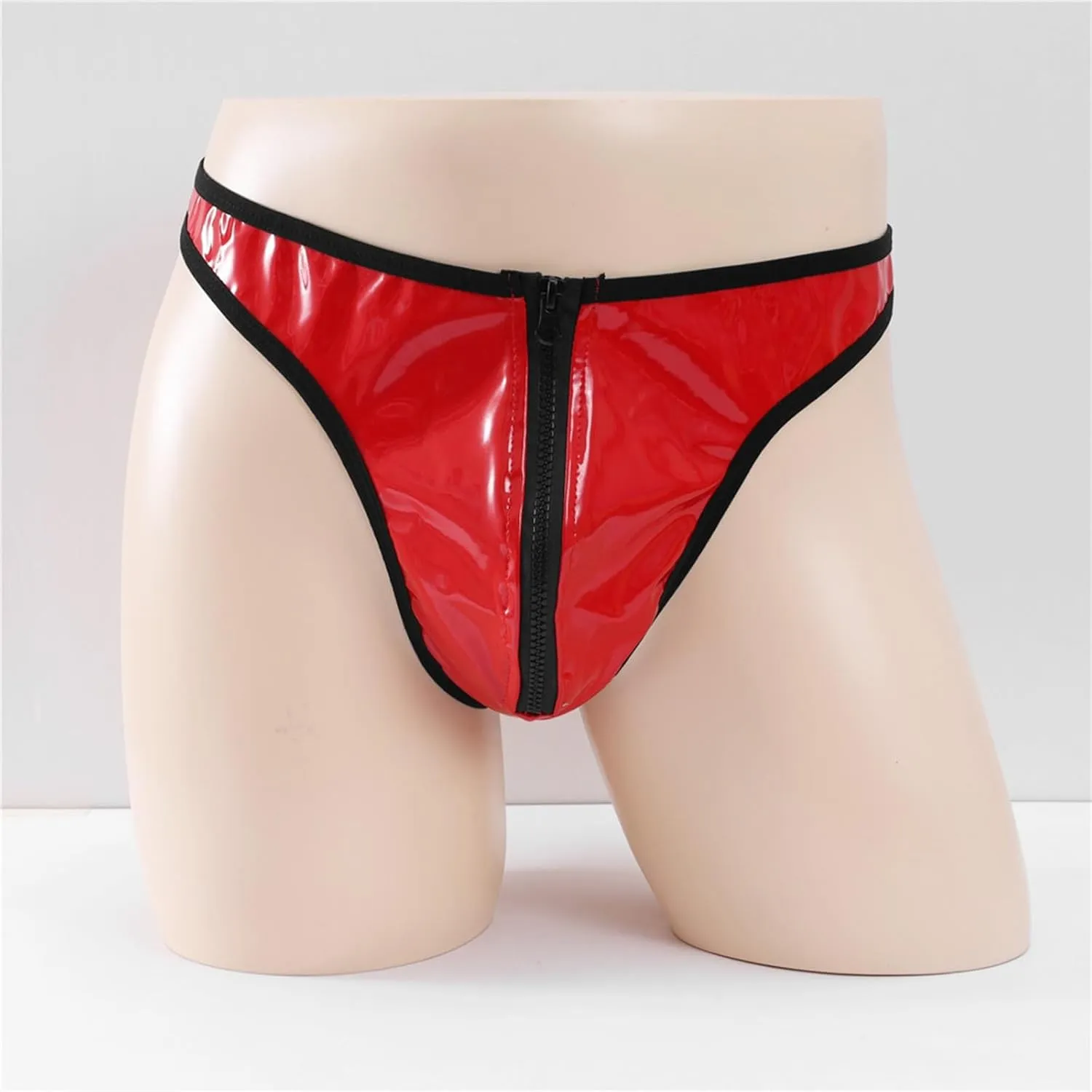 Men's PU Leather Shorts Zipper Front Bulge Pouch G-String Thong Briefs Panties Low Rise T-Back Sexy Underwear