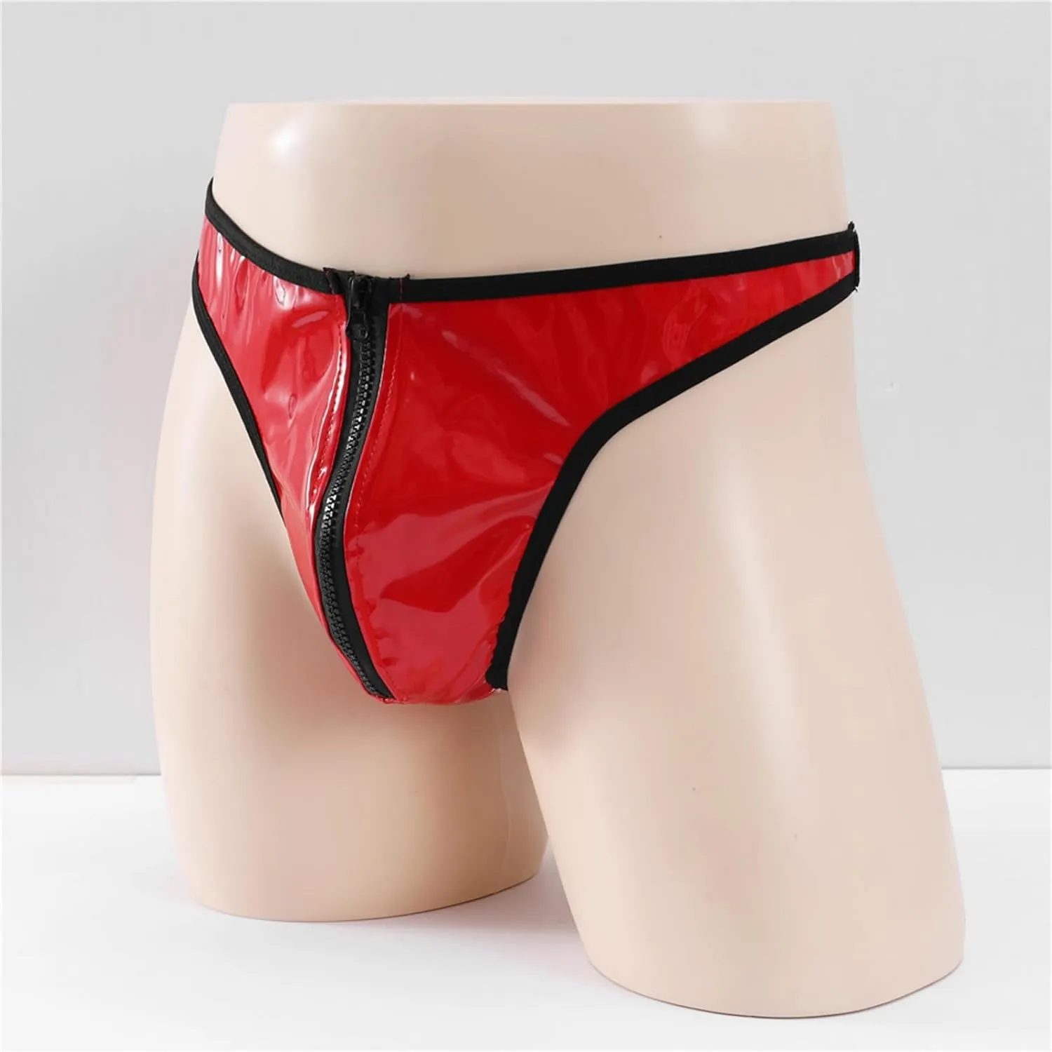 Men's PU Leather Shorts Zipper Front Bulge Pouch G-String Thong Briefs Panties Low Rise T-Back Sexy Underwear