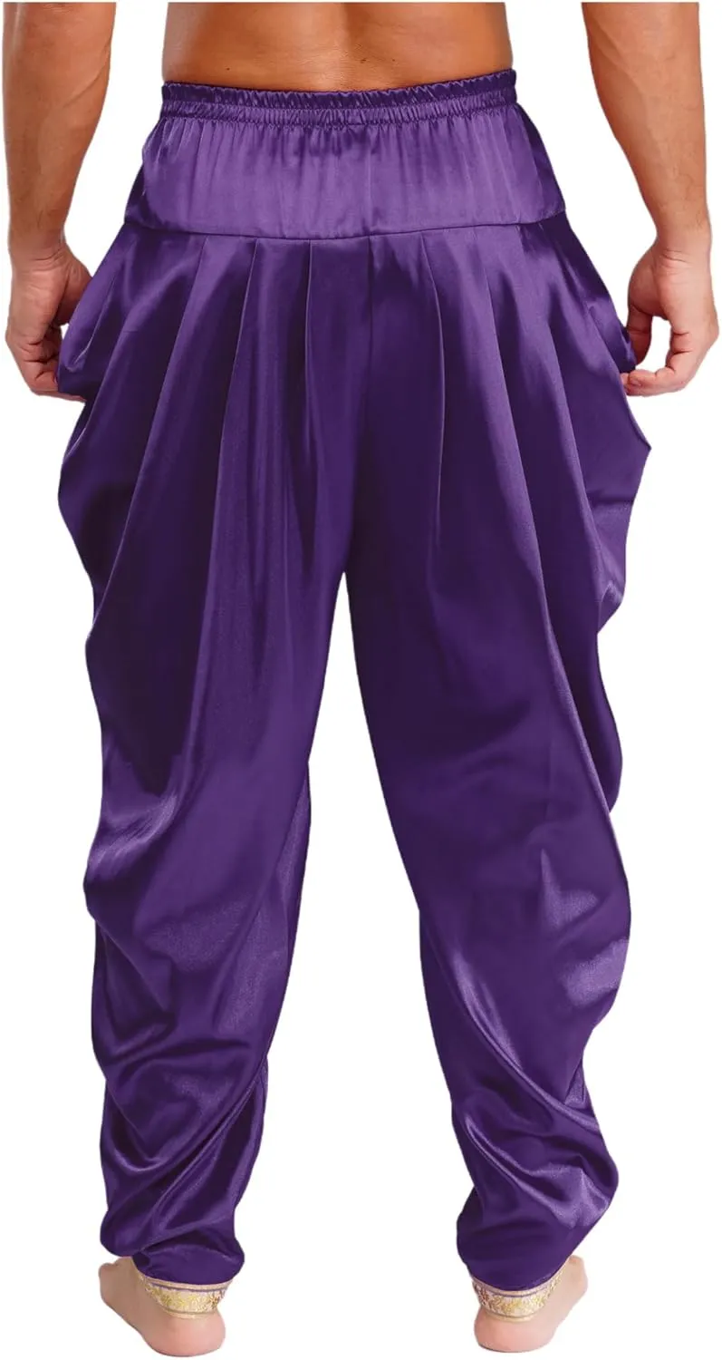 Men's Satin Dhoti Pants Elastic Waist Loose Trousers Harem Pants Indian Pajama Trousers Cosplay