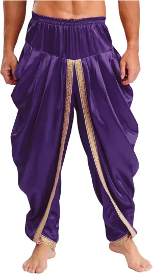 Mens Satin Harem Pants Casual Elastic Waist Pants Baggy Boho Summer Beach Dhoti Trousers