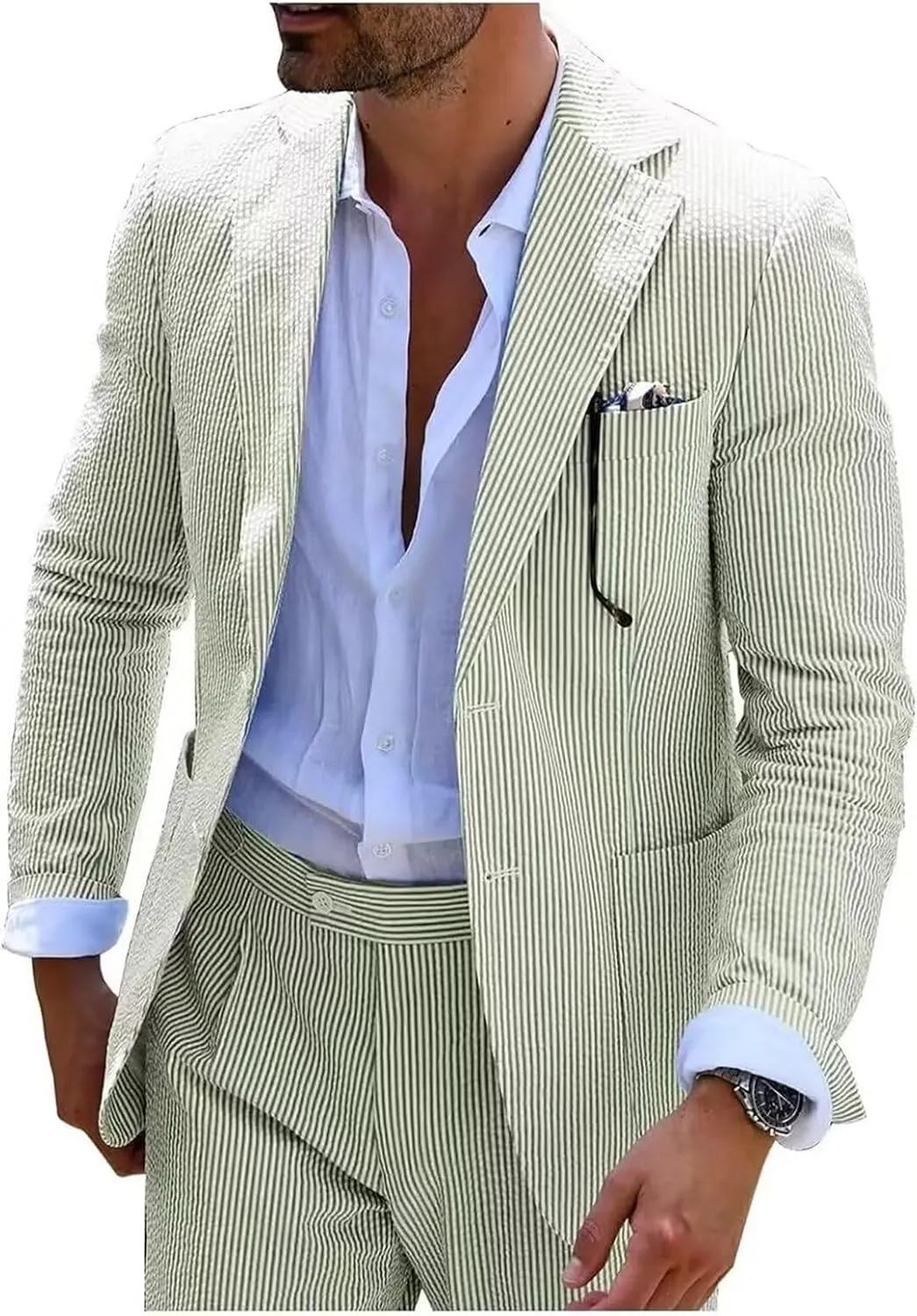 Mens Seersucker Suit Slim Fit Suits for Men Summer Striped Wedding Prom Party Dinner 2 Piece Daily Suit Jacket Blazer Pants