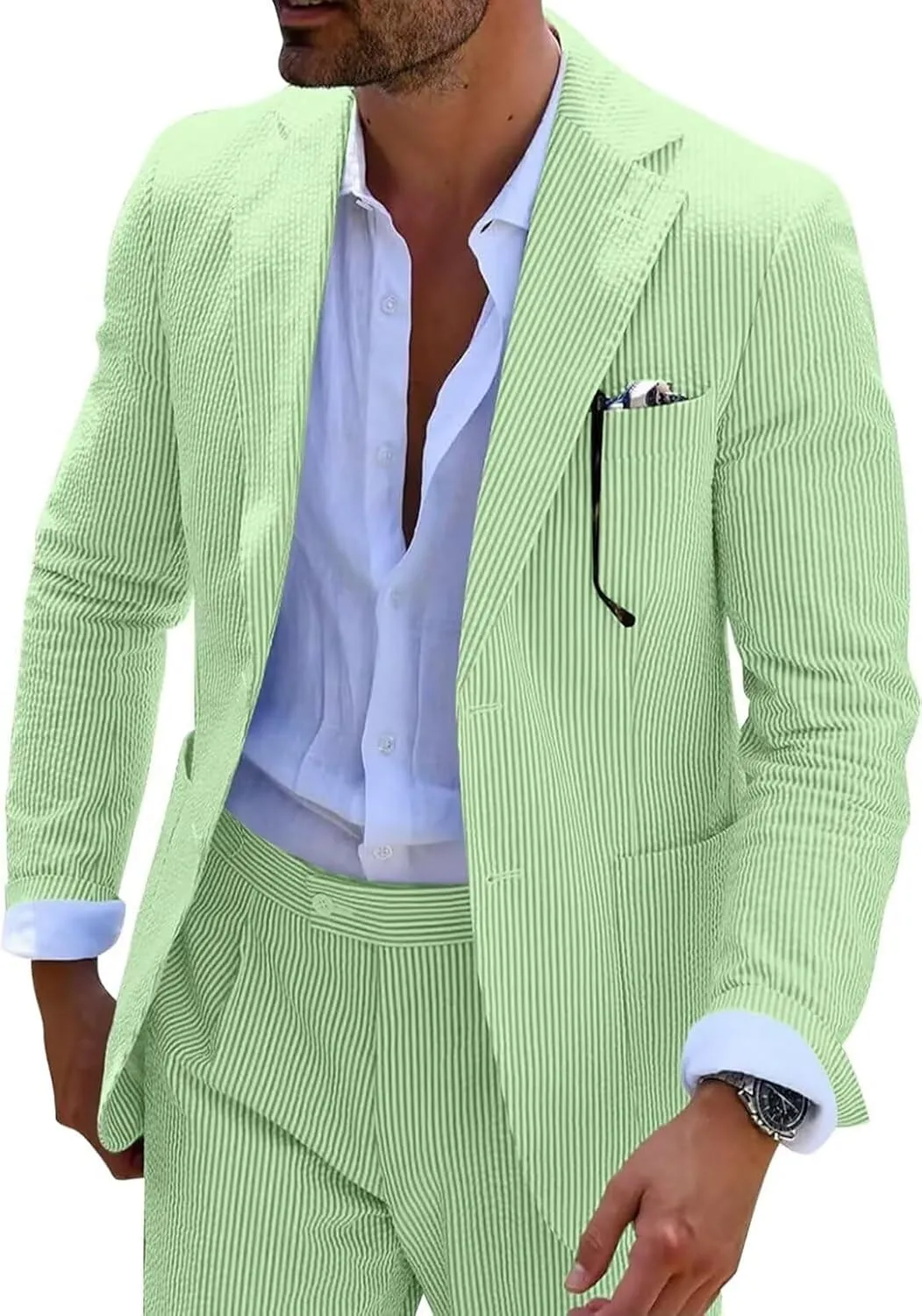 Mens Seersucker Suit Slim Fit Suits for Men Summer Striped Wedding Prom Party Dinner 2 Piece Daily Suit Jacket Blazer Pants
