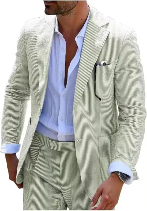 Mens Seersucker Suit Slim Fit Suits for Men Summer Striped Wedding Prom Party Dinner 2 Piece Daily Suit Jacket Blazer Pants