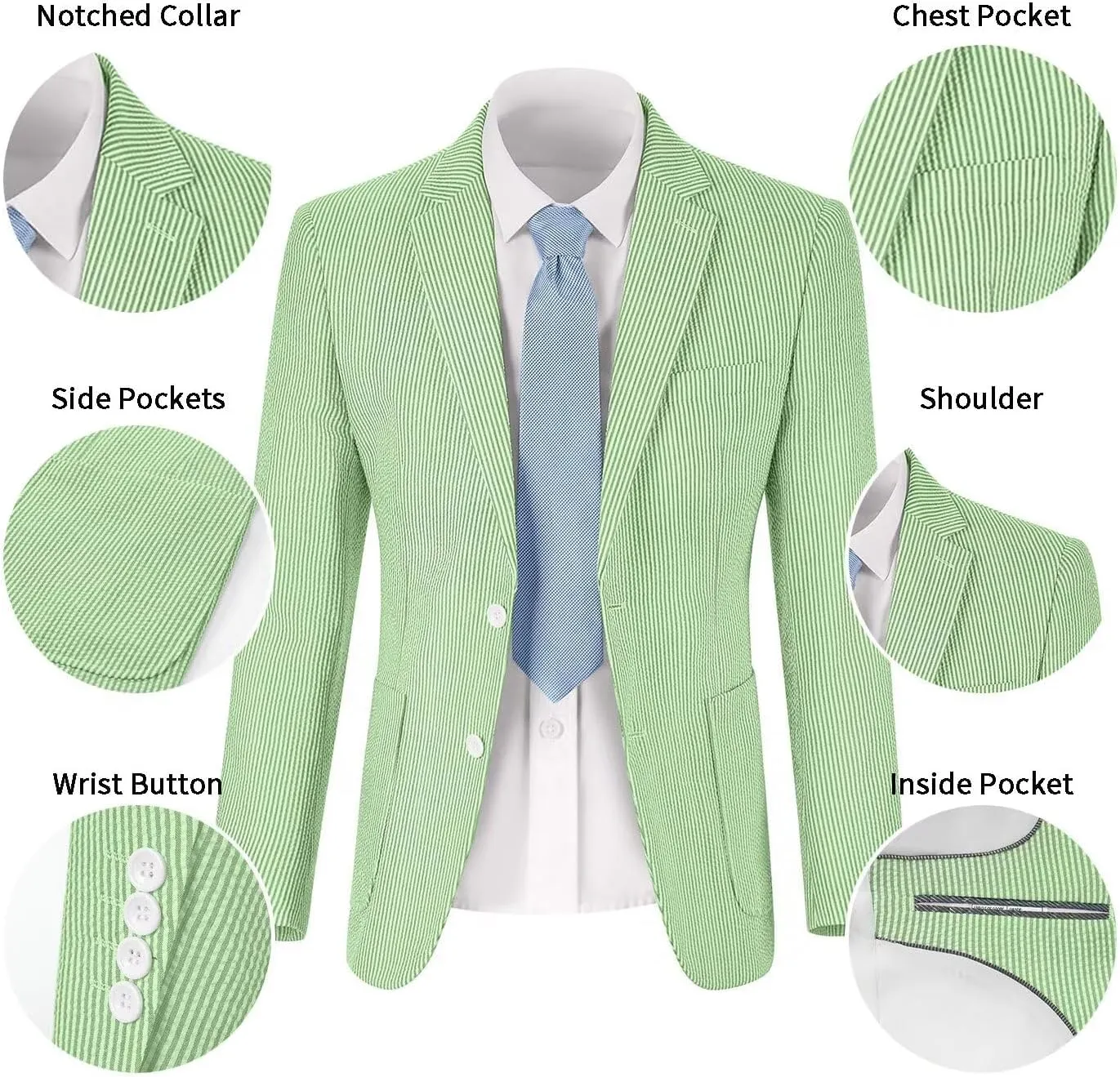 Mens Seersucker Suit Slim Fit Suits for Men Summer Striped Wedding Prom Party Dinner 2 Piece Daily Suit Jacket Blazer Pants