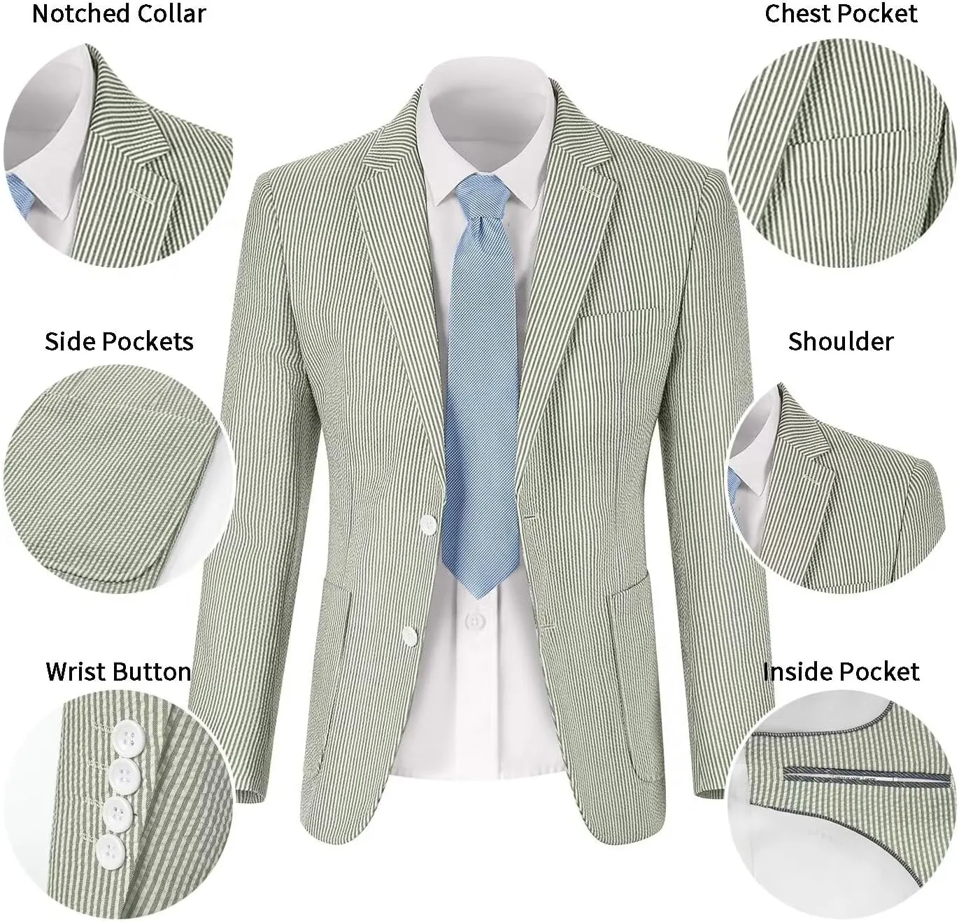 Mens Seersucker Suit Slim Fit Suits for Men Summer Striped Wedding Prom Party Dinner 2 Piece Daily Suit Jacket Blazer Pants