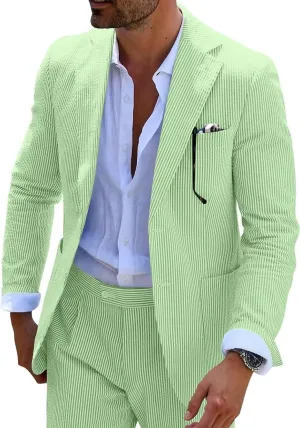 Mens Seersucker Suit Slim Fit Suits for Men Summer Striped Wedding Prom Party Dinner 2 Piece Daily Suit Jacket Blazer Pants