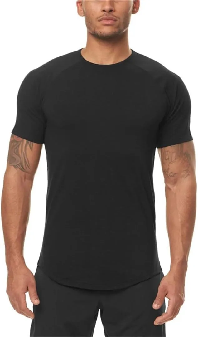 Mens Slim Fit Solid Color T Shirt Quick Dry Breathable Short Sleeve Gym Fitness Bodybuilding Workout Top