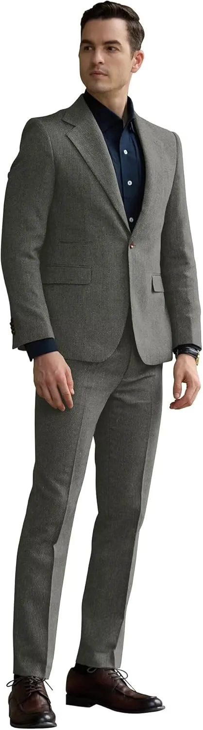 Mens Slim Fit Suit 2 Piece Tweed Suit for Men One Button Formal Wedding Prom Tuxedo Suits Jacket Pants Set