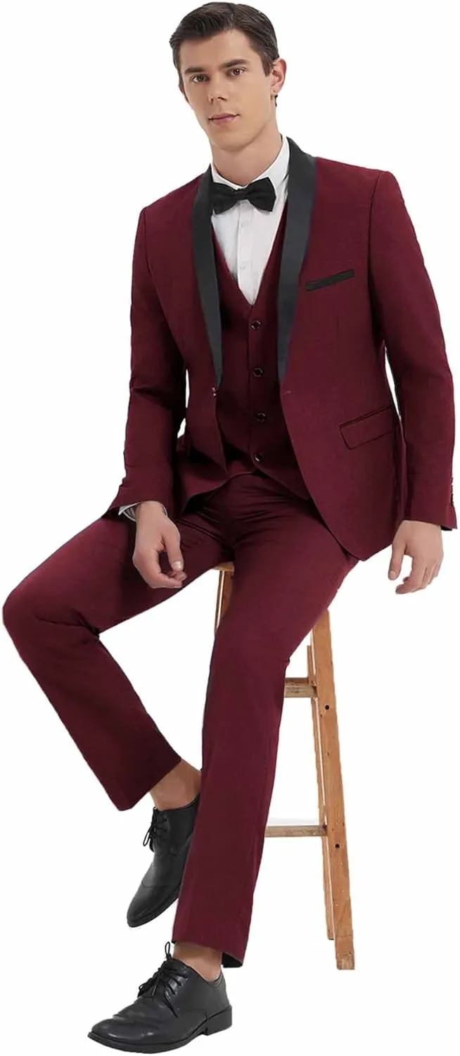 Men's Slim Fit Suit Shawl Lapel with Black Printing Bow Tie 4 Pieces Wedding Prom Dinner Tuxedo Blazer Vest Pants Set