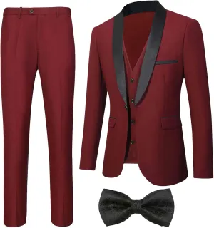 Men's Slim Fit Suit Shawl Lapel with Black Printing Bow Tie 4 Pieces Wedding Prom Dinner Tuxedo Blazer Vest Pants Set