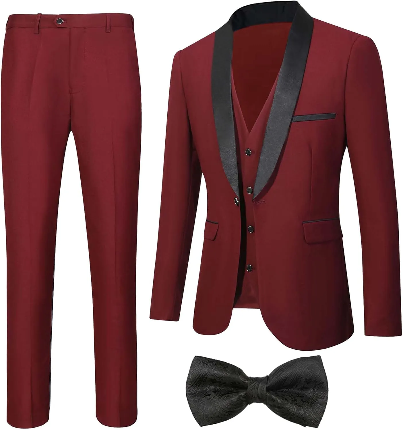 Men's Slim Fit Suit Shawl Lapel with Black Printing Bow Tie 4 Pieces Wedding Prom Dinner Tuxedo Blazer Vest Pants Set