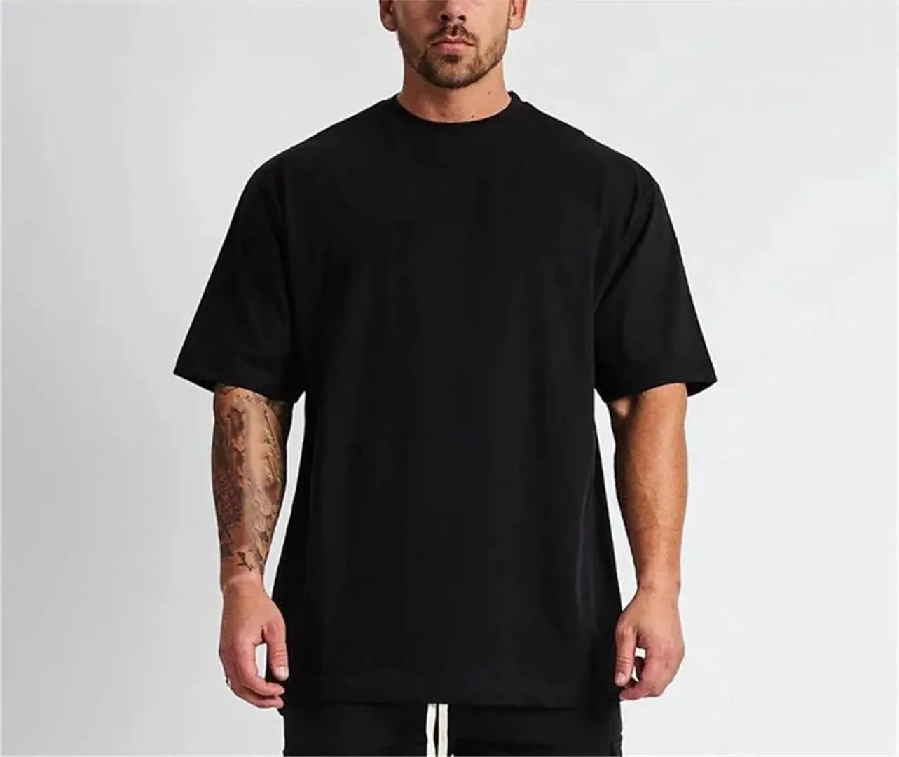 Mens Solid Color Oversized Gym T Shirt Loose Fit Cotton Short Sleeve Running Fitness Hip Hop Bodybuilding Muscle Top