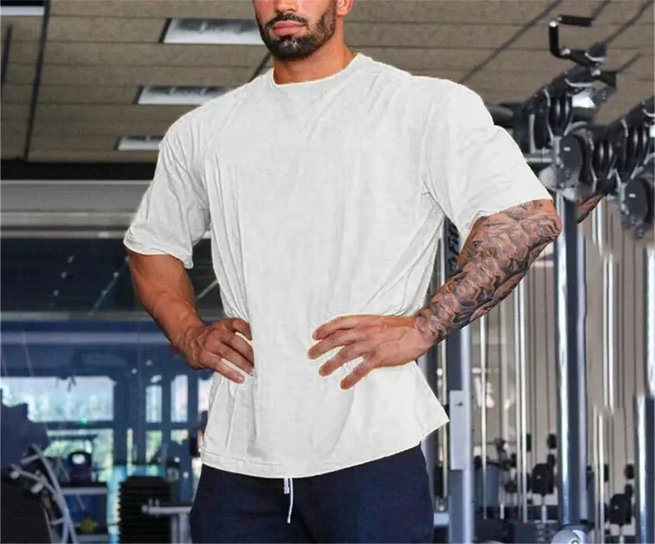 Mens Solid Color Oversized Gym T Shirt Loose Fit Cotton Short Sleeve Running Fitness Hip Hop Bodybuilding Muscle Top
