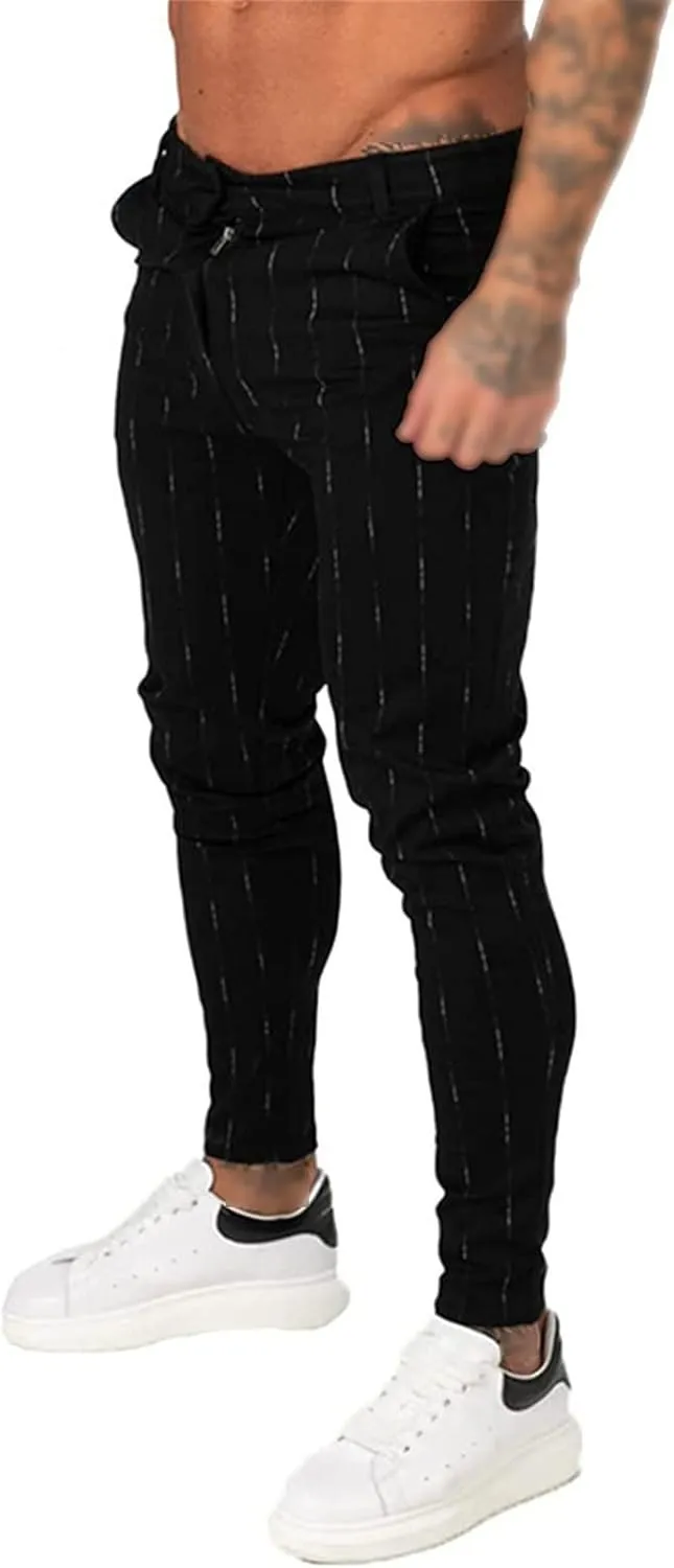 Men's Stripe Printed Dress Pants Skinny Stretch Chino Pencil Trousers Classic Slim Flat Front Golf Long Pants