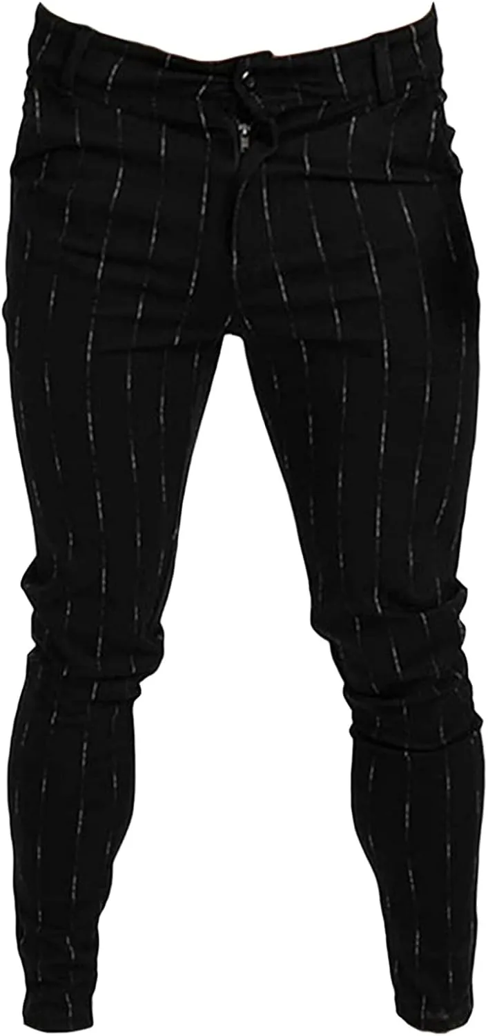 Men's Stripe Printed Dress Pants Skinny Stretch Chino Pencil Trousers Classic Slim Flat Front Golf Long Pants