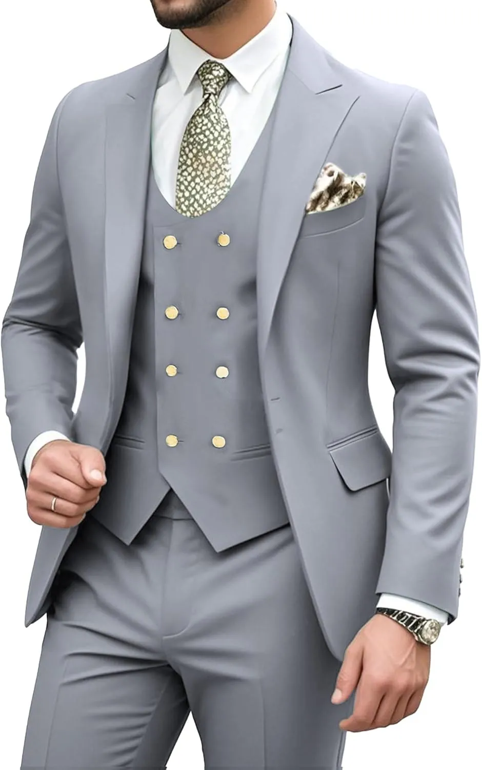 Mens Suit 3 Piece Double Breasted Suit Men Slim Fit Formal Tuxedo Suit Set Groomsmen Wedding Prom Suits