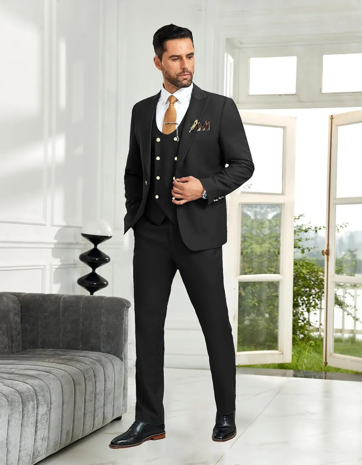 Mens Suit 3 Piece Double Breasted Suit Men Slim Fit Formal Tuxedo Suit Set Groomsmen Wedding Prom Suits
