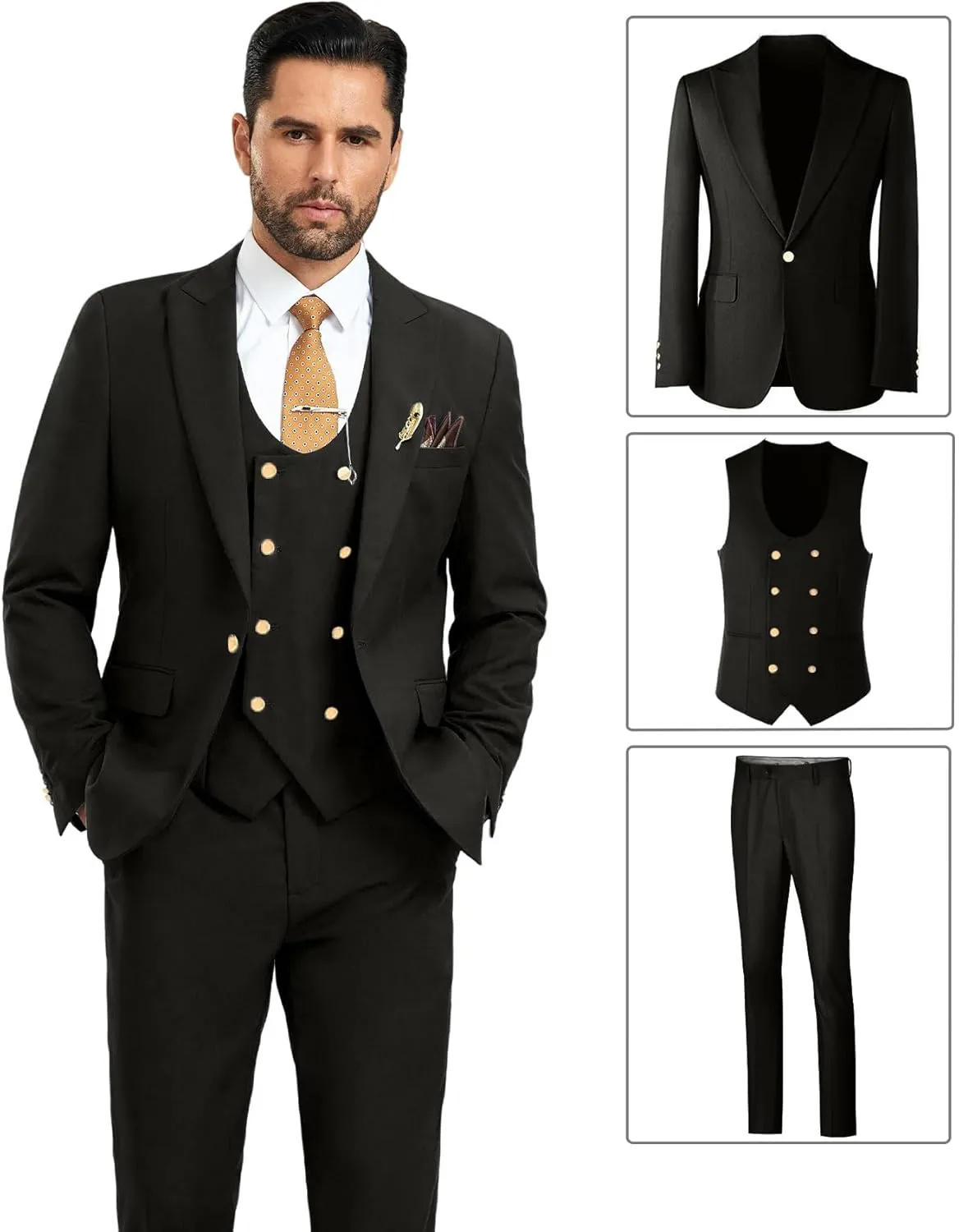 Mens Suit 3 Piece Double Breasted Suit Men Slim Fit Formal Tuxedo Suit Set Groomsmen Wedding Prom Suits