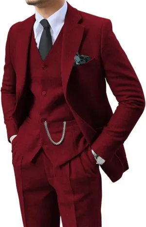 Mens Suit 3 Pieces Slim Fit Tweed Herringbone Retro Wool Suits Groom Tuxedos Prom Wedding Suits Jacket Blazer Vest Pants Sets