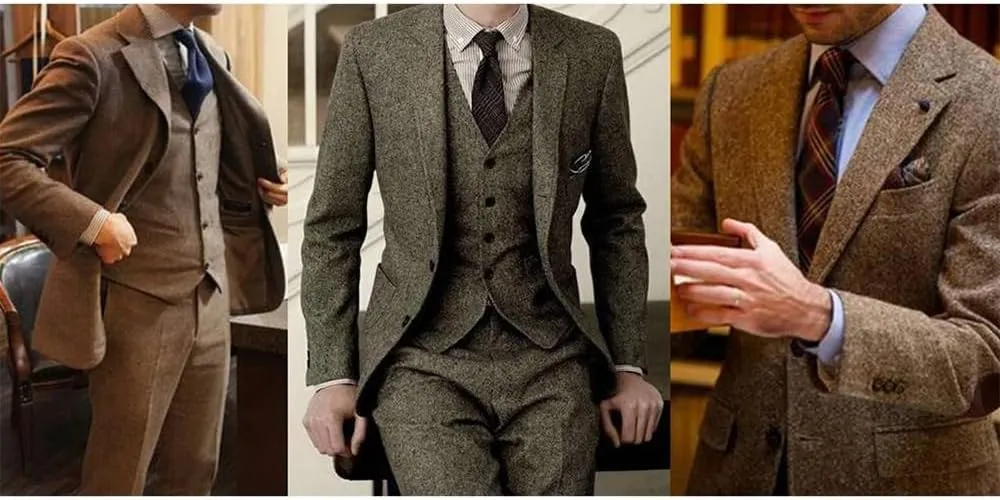 Mens Suit 3 Pieces Slim Fit Tweed Herringbone Retro Wool Suits Groom Tuxedos Prom Wedding Suits Jacket Blazer Vest Pants Sets