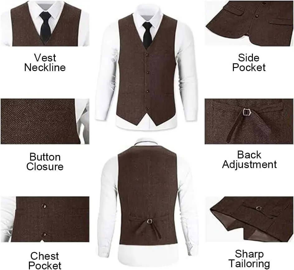 Mens Suit 3 Pieces Slim Fit Tweed Herringbone Retro Wool Suits Groom Tuxedos Prom Wedding Suits Jacket Blazer Vest Pants Sets