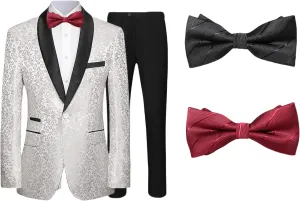 Mens Suit Set 4 Piece Floral Tuxedo for Men Wedding Suit Prom Party Dinner Jacket and Pants Set with Two Bow-Ties