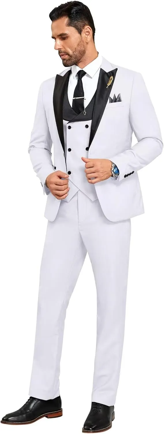 Mens Suit Slim Fit 3 Piece Suit Blazer Vest Pants Sets with Bow Tie Handkercher Brooch for Men for Wedding Prom Party