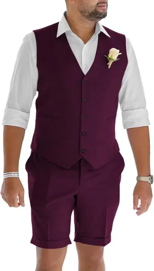 Mens Suits 2 Piece Casual Linen Suit for Men Retro Short Pants Suit Men Summer Beach Wedding Prom Vest Shorts Set