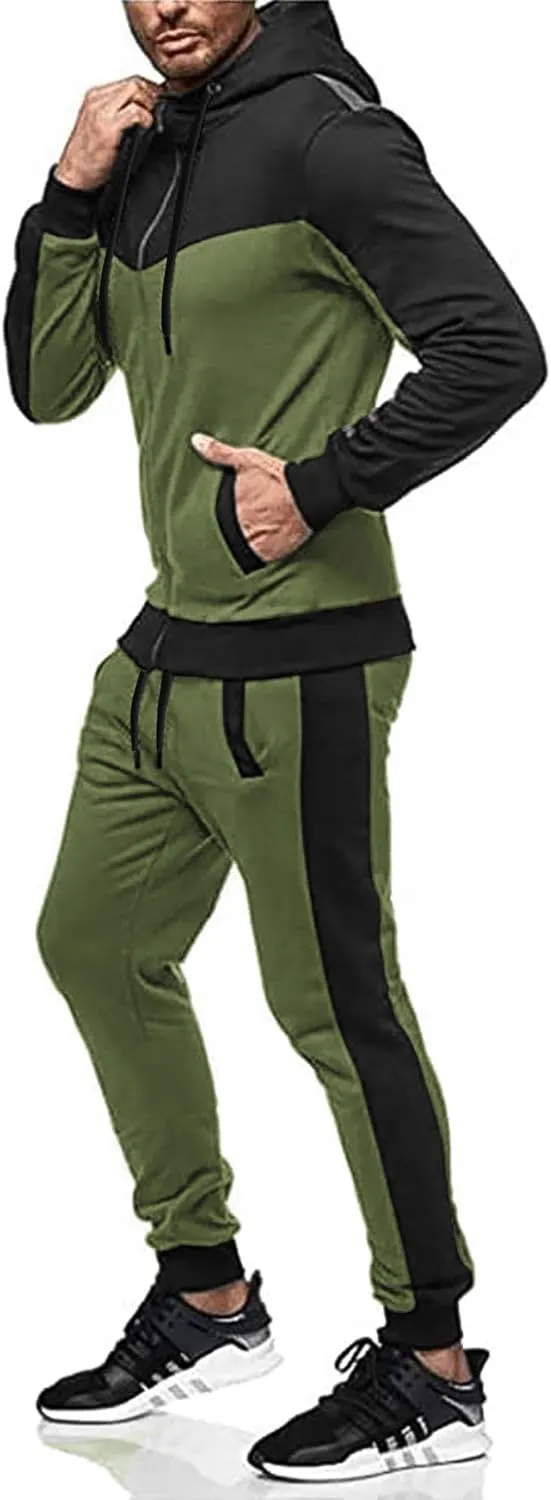 Men's Sweatsuit 2 Pieces Set Casual Jogging Athletic Hooded Tracksuit Full Zip Color Blocks Long Sleeve Outfit