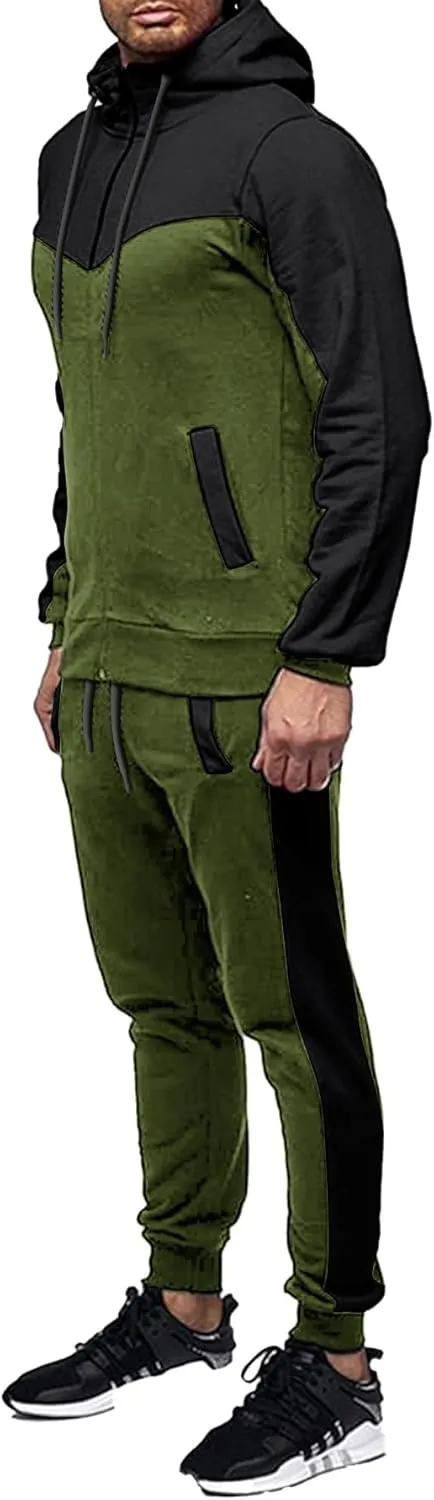 Men's Sweatsuit 2 Pieces Set Casual Jogging Athletic Hooded Tracksuit Full Zip Color Blocks Long Sleeve Outfit