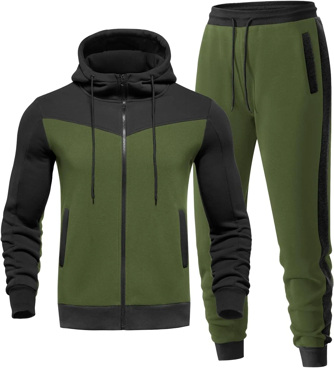 Men's Sweatsuit 2 Pieces Set Casual Jogging Athletic Hooded Tracksuit Full Zip Color Blocks Long Sleeve Outfit
