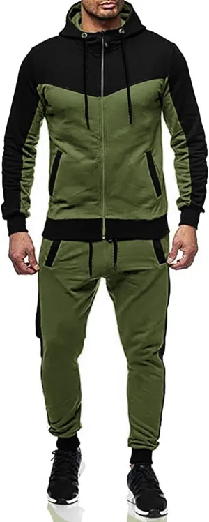 Men's Sweatsuit 2 Pieces Set Casual Jogging Athletic Hooded Tracksuit Full Zip Color Blocks Long Sleeve Outfit