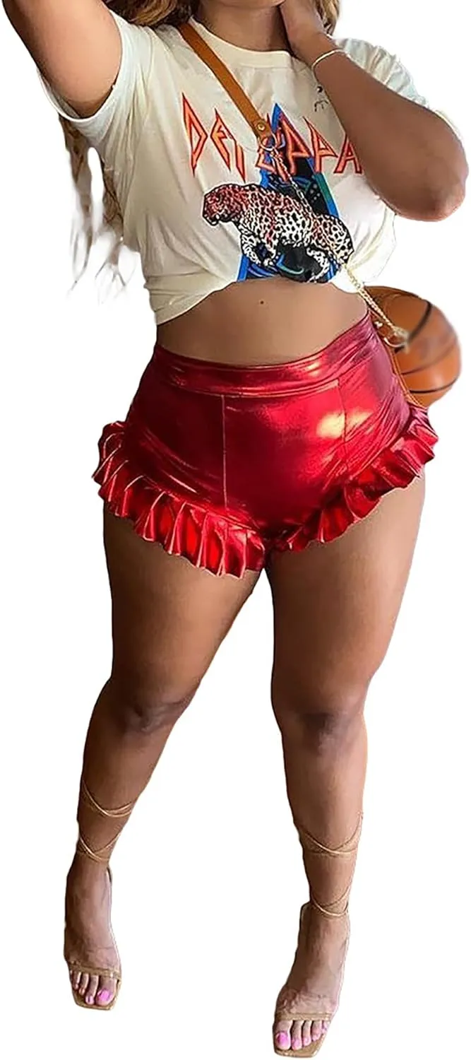 MESLIMA Women's Fashion Metallic Pants Shiny Pants Yoga Sparkly Elastic Waist Rave Ruffle Shorts