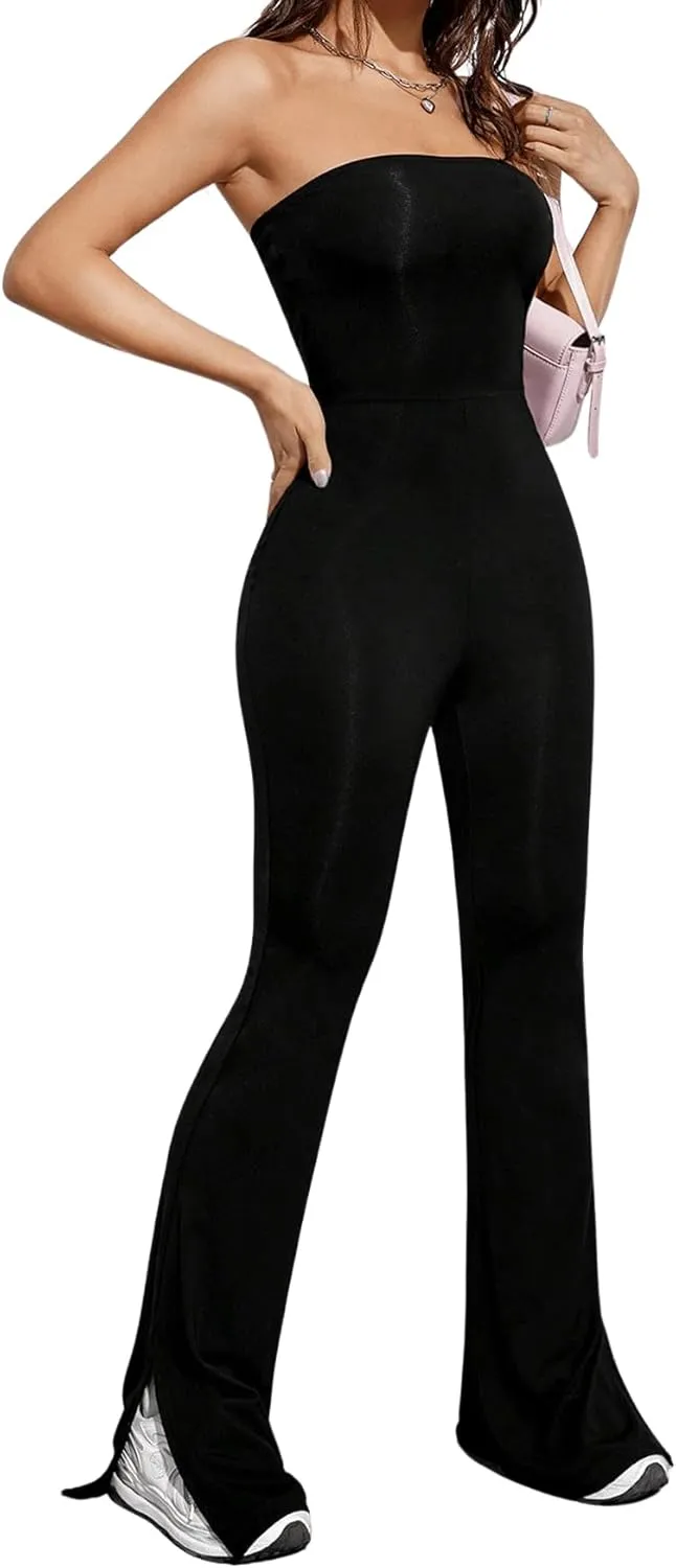 Milumia Women's Off Shoulder Strapless Tube Top Flare Leg Bodycon Jumpsuit Long Pants