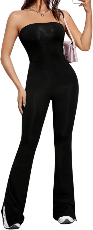 Milumia Women's Off Shoulder Strapless Tube Top Flare Leg Bodycon Jumpsuit Long Pants