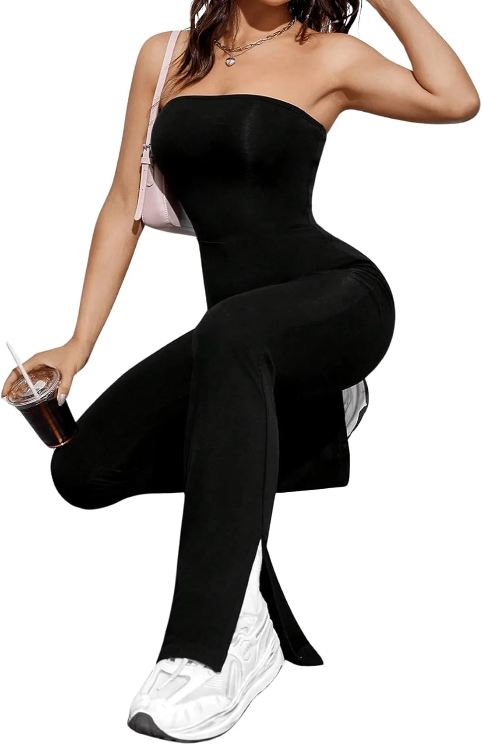 Milumia Women's Off Shoulder Strapless Tube Top Flare Leg Bodycon Jumpsuit Long Pants