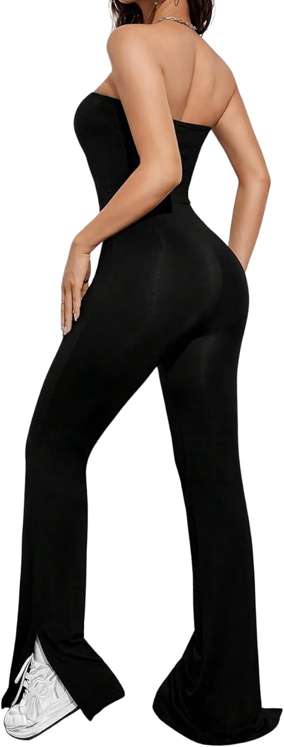 Milumia Women's Off Shoulder Strapless Tube Top Flare Leg Bodycon Jumpsuit Long Pants