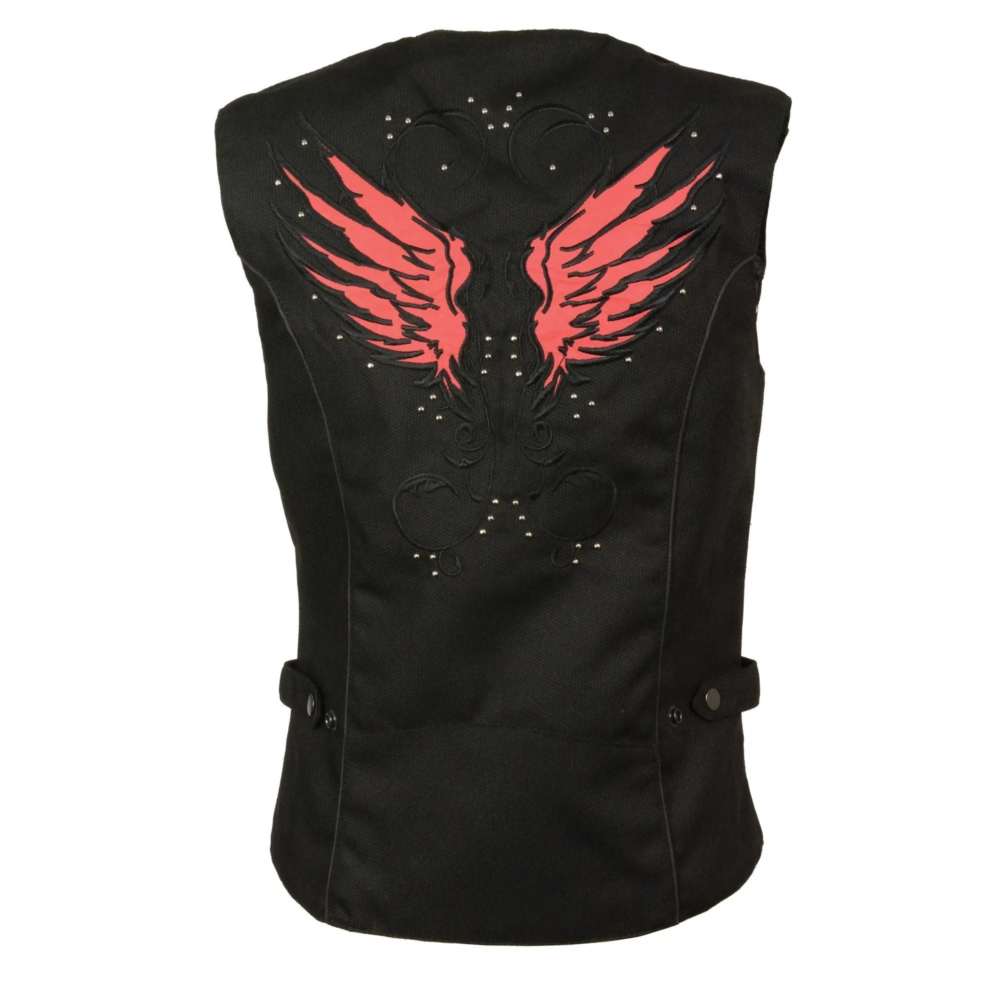 Milwaukee Performance Textile-SH1955-Ladies Black and Red Textile Snap Front Vest with Wing  Embroidery