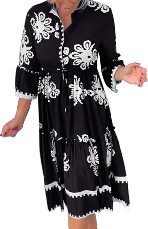Miyaomn Womens Boho Floral Shirt Dress Tiered Ruffle Tied Waist Flare 3/4 Sleeve Button Down Casual A-Line Flowy Midi Dresses